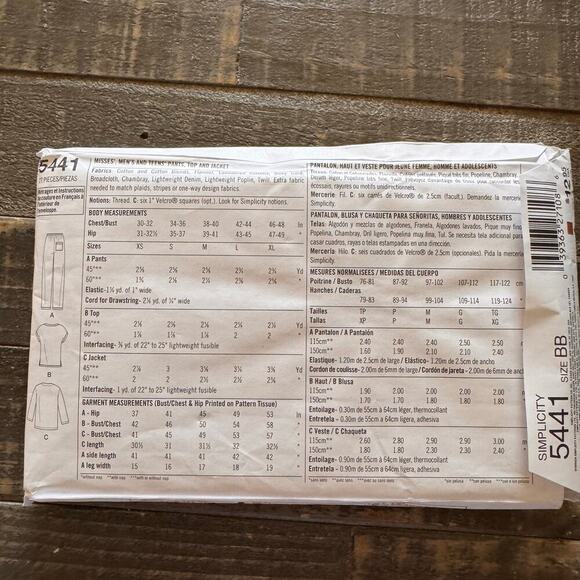 Simplicity 5441 Scrubs Pants Top Jacket Sewing Pattern Size BB L-XL UNCUT - Picture 3 of 3